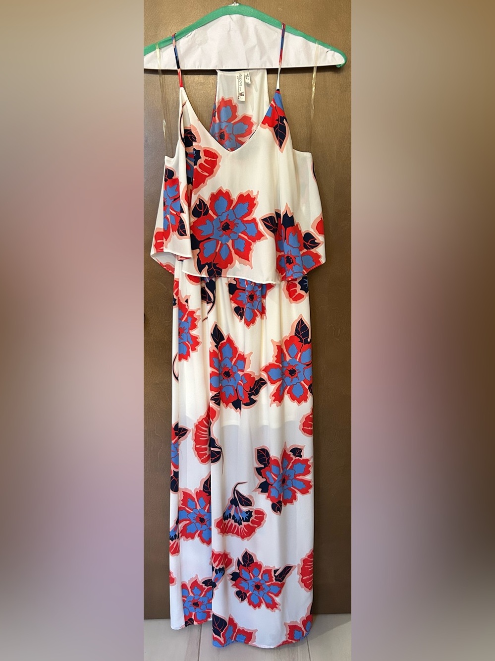 Pink Owl Apparel Floral Maxi Dress in Cream with Red & Blue Blooms